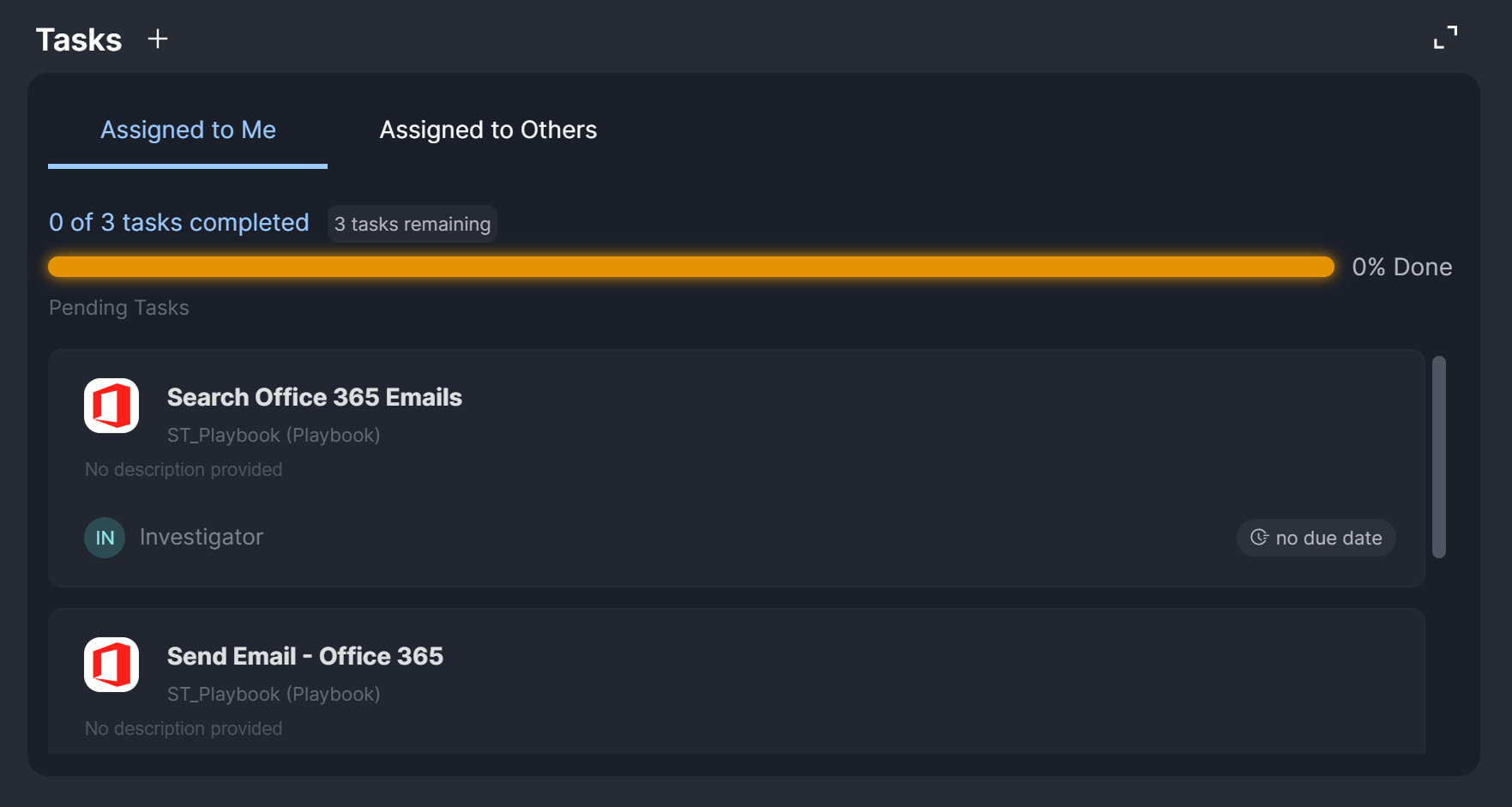 Tasks widget showing 0 of 3 tasks completed, with tasks assigned to the user including Search Office 365 Emails and Send Email - Office 365 from the ST Playbook. Progress bar indicates 0 percent completion.