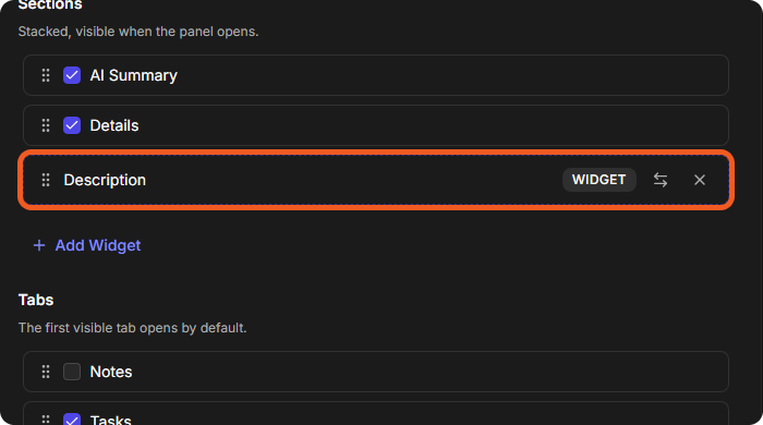 A Description widget row under Sections with a dashed border, the WIDGET badge, the move button and the remove button