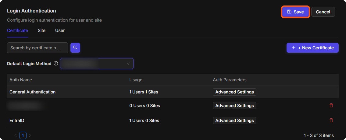The Save and Cancel buttons that appear at the top of the Login Authentication panel after a change