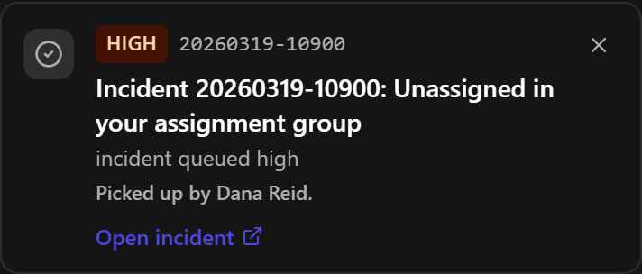 A pop-up card replaced after another user claimed the incident, reading Picked up by Dana Reid, with only Open incident left