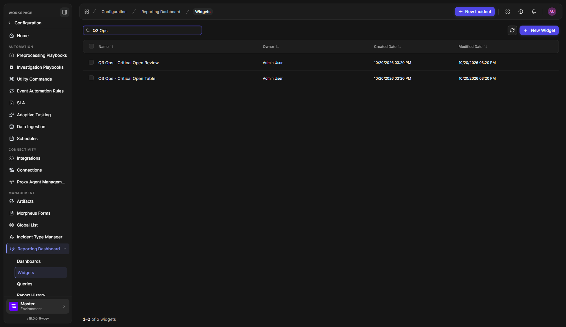 The Widgets list with two Q3 Ops widgets showing name, owner, created date and modified date
