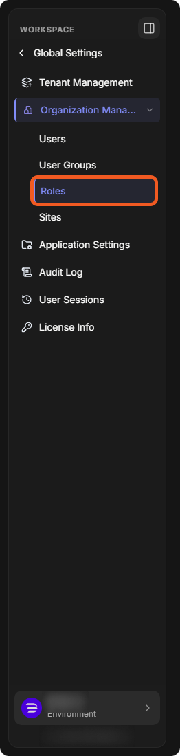 The Global Settings sidebar with Organization Management expanded and Roles selected