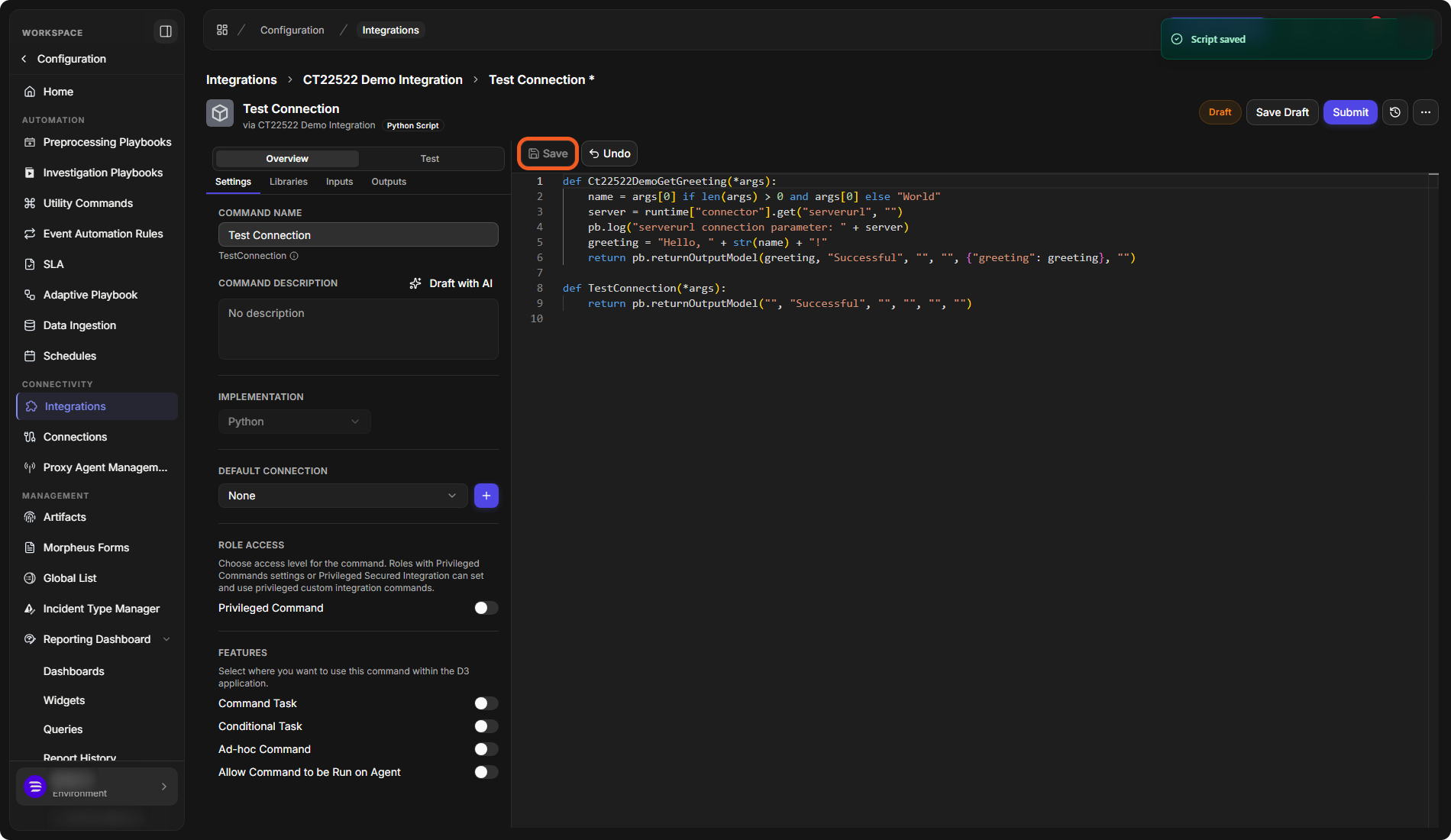 The code editor with two functions, Ct22522DemoGetGreeting and TestConnection, in one script, and the Save button