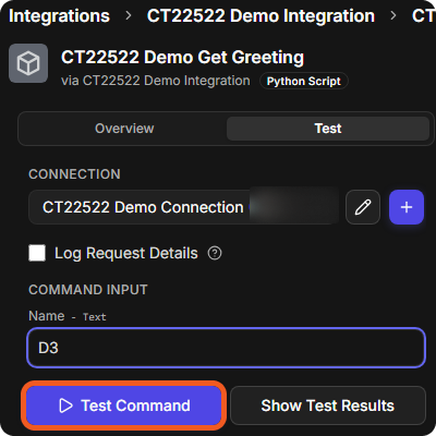 The Test tab with the connection selected, Log Request Details, the Name input set to D3, and the Test Command and Show Test Results buttons