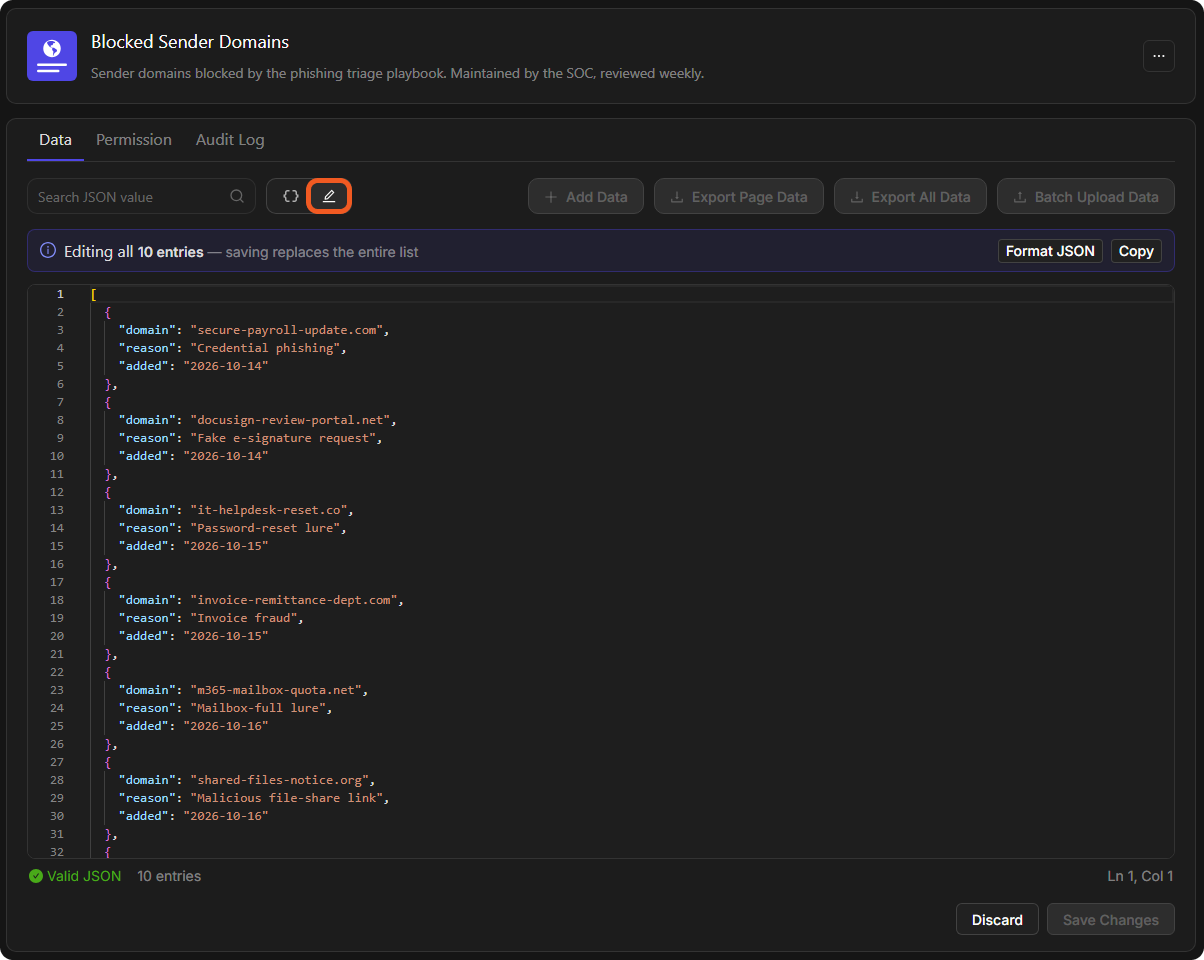 Text view showing the list's 10 entries as one JSON array, with Format JSON, Copy, the Valid JSON status line, and Discard and Save Changes