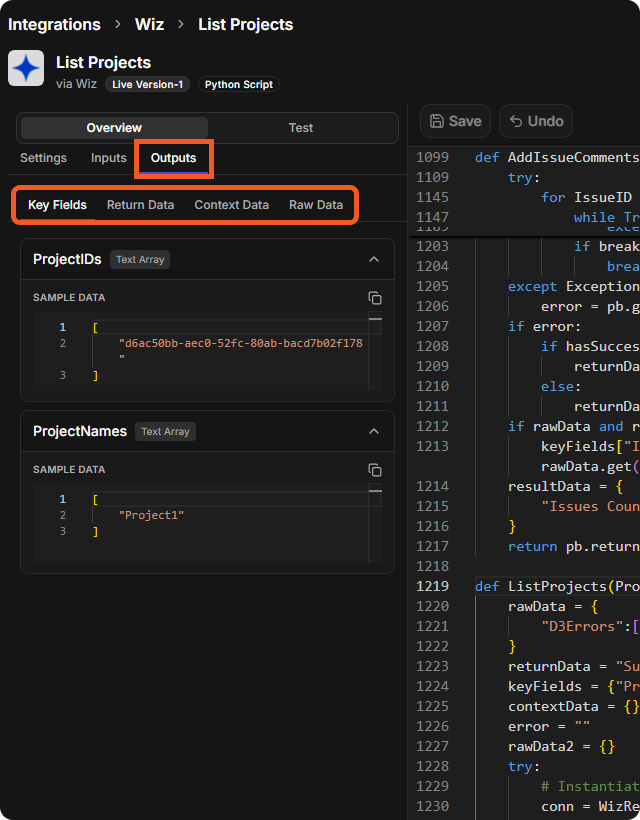 The List Projects command on its Outputs tab, with the Key Fields, Return Data, Context Data and Raw Data tabs and sample data for each key field