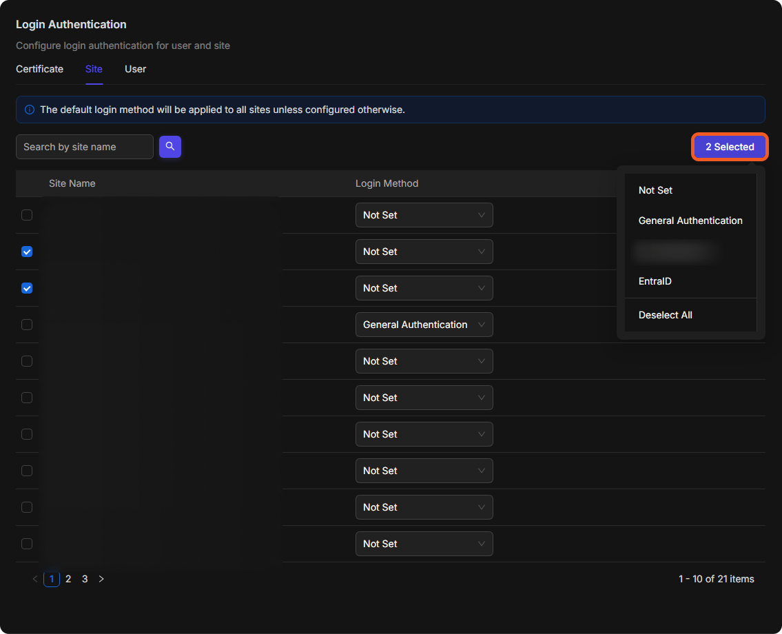 Two sites selected on the Site tab and the 2 Selected menu open, listing the login methods and Deselect All