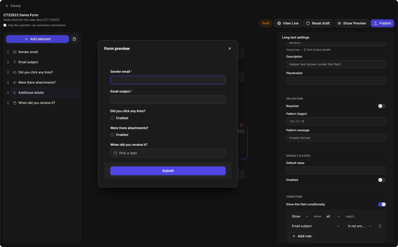 The Form preview with no subject entered, so Additional details is not shown