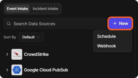 The New menu on the Data Ingestion page with Schedule and Webhook