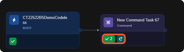 The command task's node showing a check mark with 2 and a re-run icon