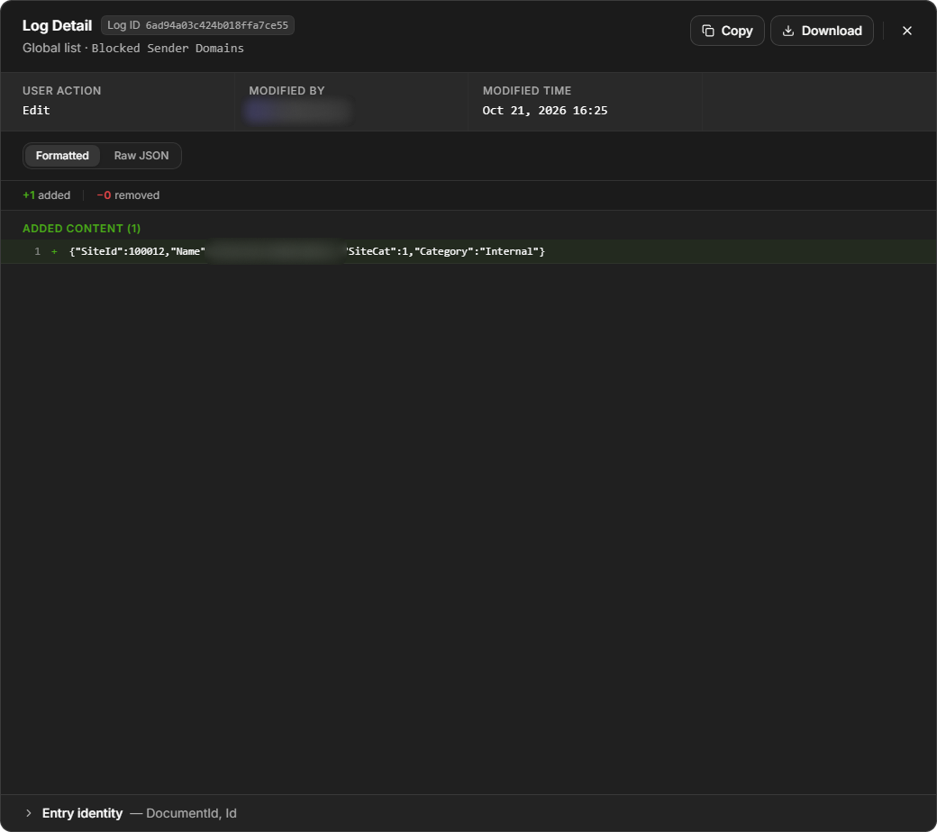 The Log Detail window for a data upload, showing 9 added entries