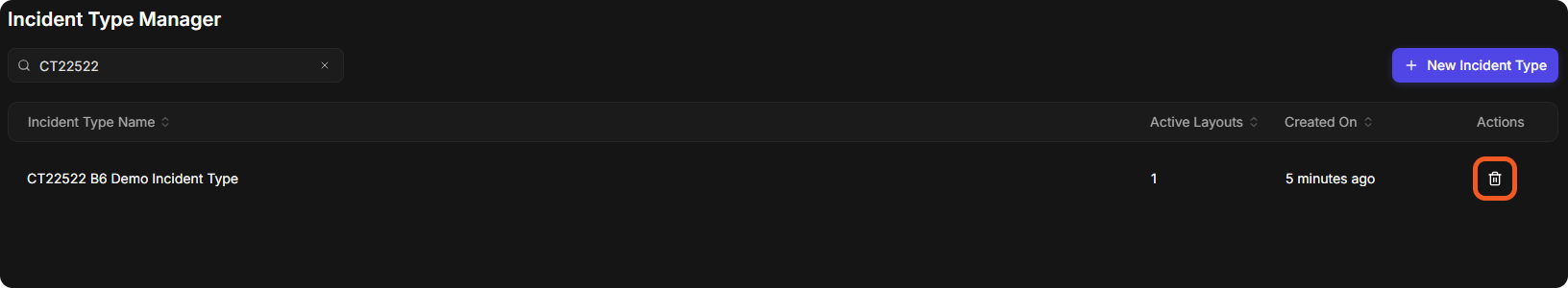 The delete icon in the Actions column of an incident type