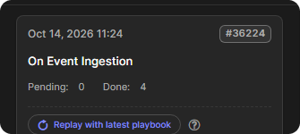 A playbook run card showing its date, run number, the On Event Ingestion trigger, the Pending and Done counts and Replay with latest playbook