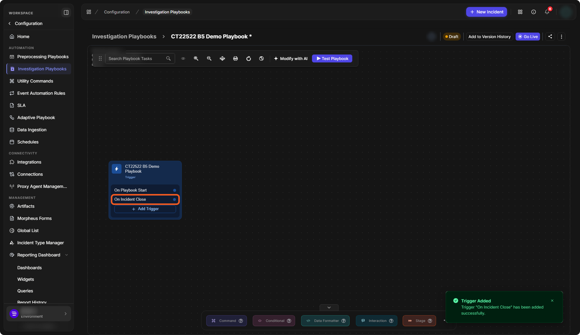 The trigger node now listing On Playbook Start and On Incident Close above Add Trigger