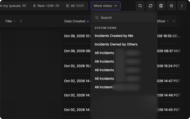 The More views list with system views such as Incidents Created by Me and Incidents Owned by Others