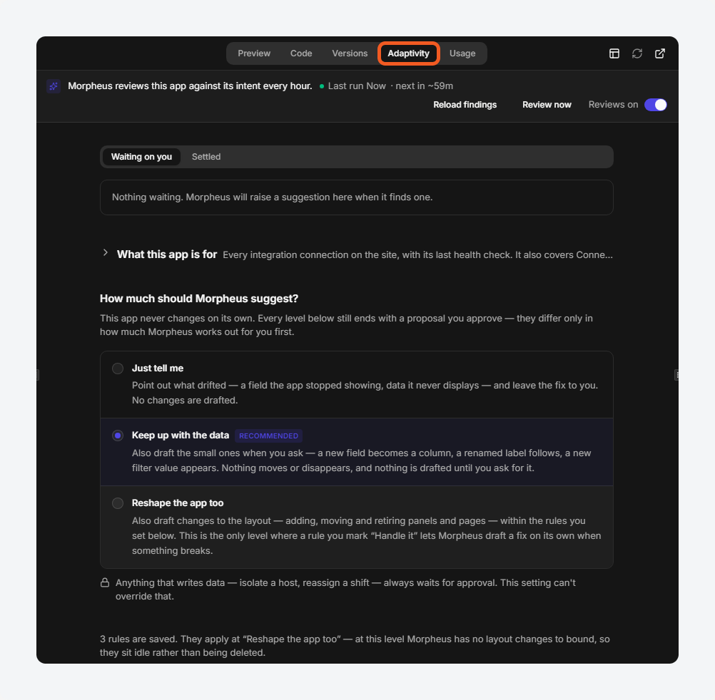 The review banner, the findings queue, the app's intent, and the three suggestion levels