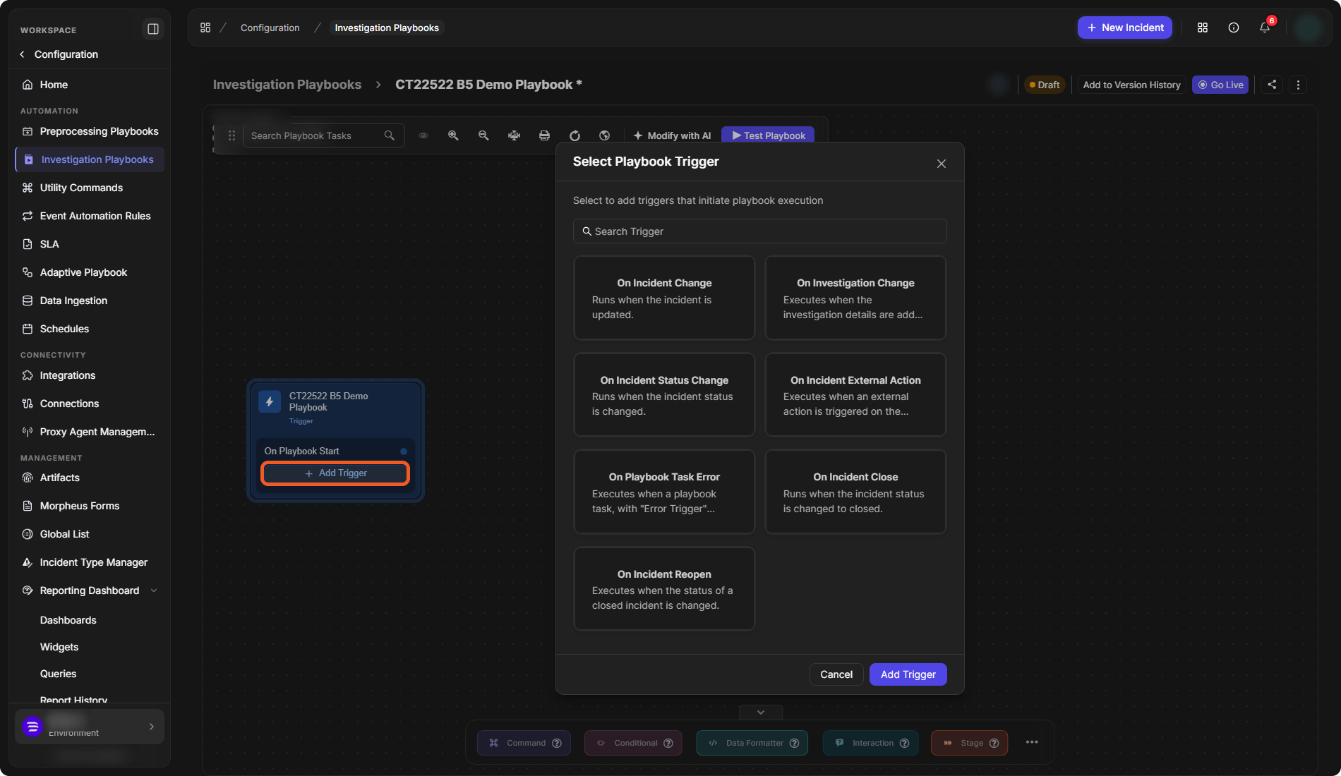 An investigation playbook's trigger node with On Playbook Start and the Add Trigger button, and the Select Playbook Trigger window open beside it
