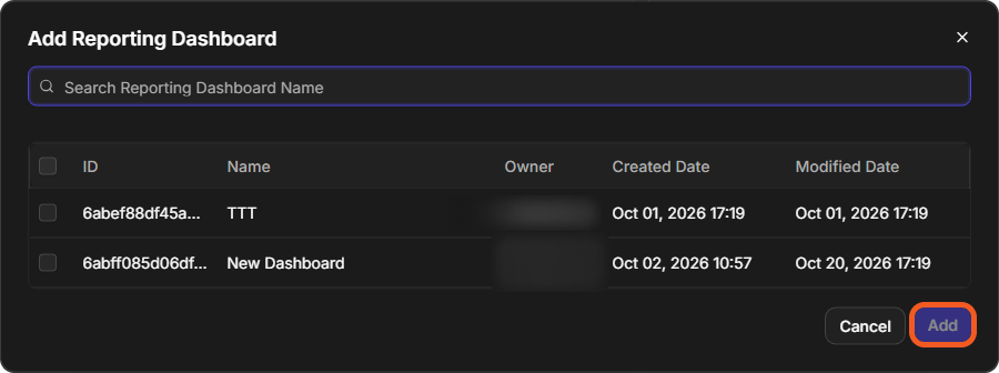 The Add Reporting Dashboard window listing reporting dashboards with their name, owner, and created and modified dates