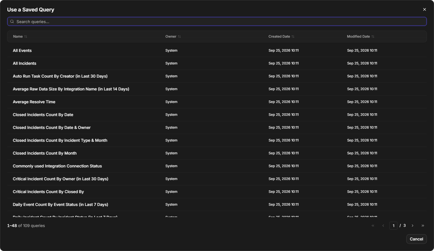 The Use a Saved Query window listing queries with their Name, Owner, Created Date and Modified Date