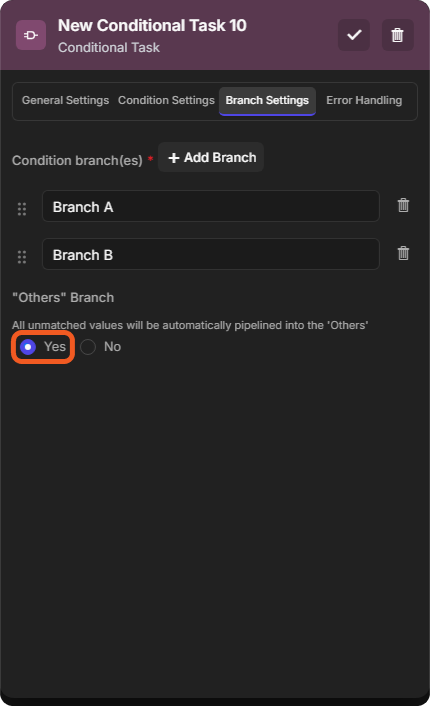 Branch Settings with the Others branch set to Yes