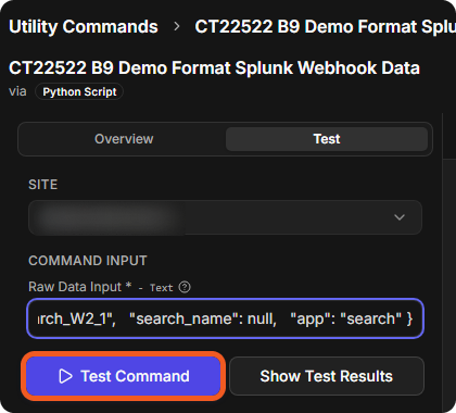 The Test tab of the command with the site, the Raw Data Input filled in and the Test Command button
