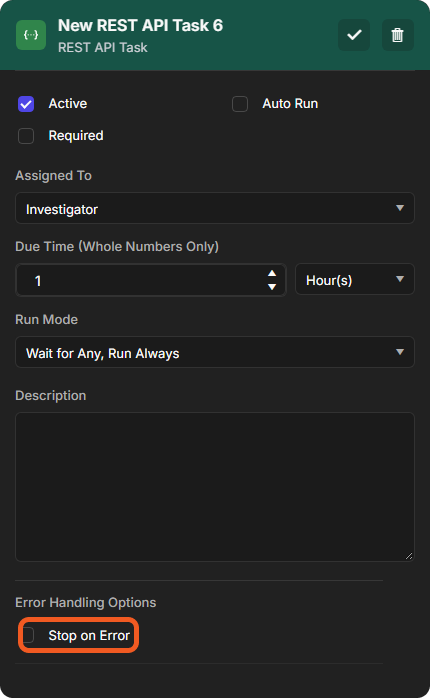 The settings of a new REST API task with the Stop on Error checkbox