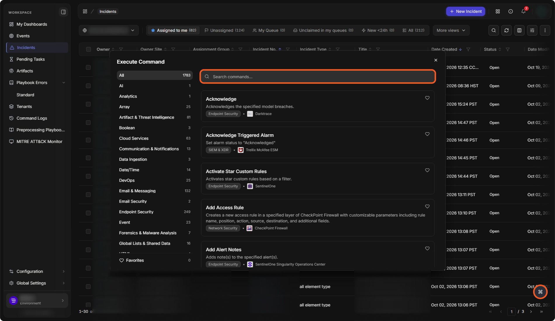 The Execute Command window opened from the button at the bottom right of the Incidents list, with command categories and counts on the left, Search commands and the command cards