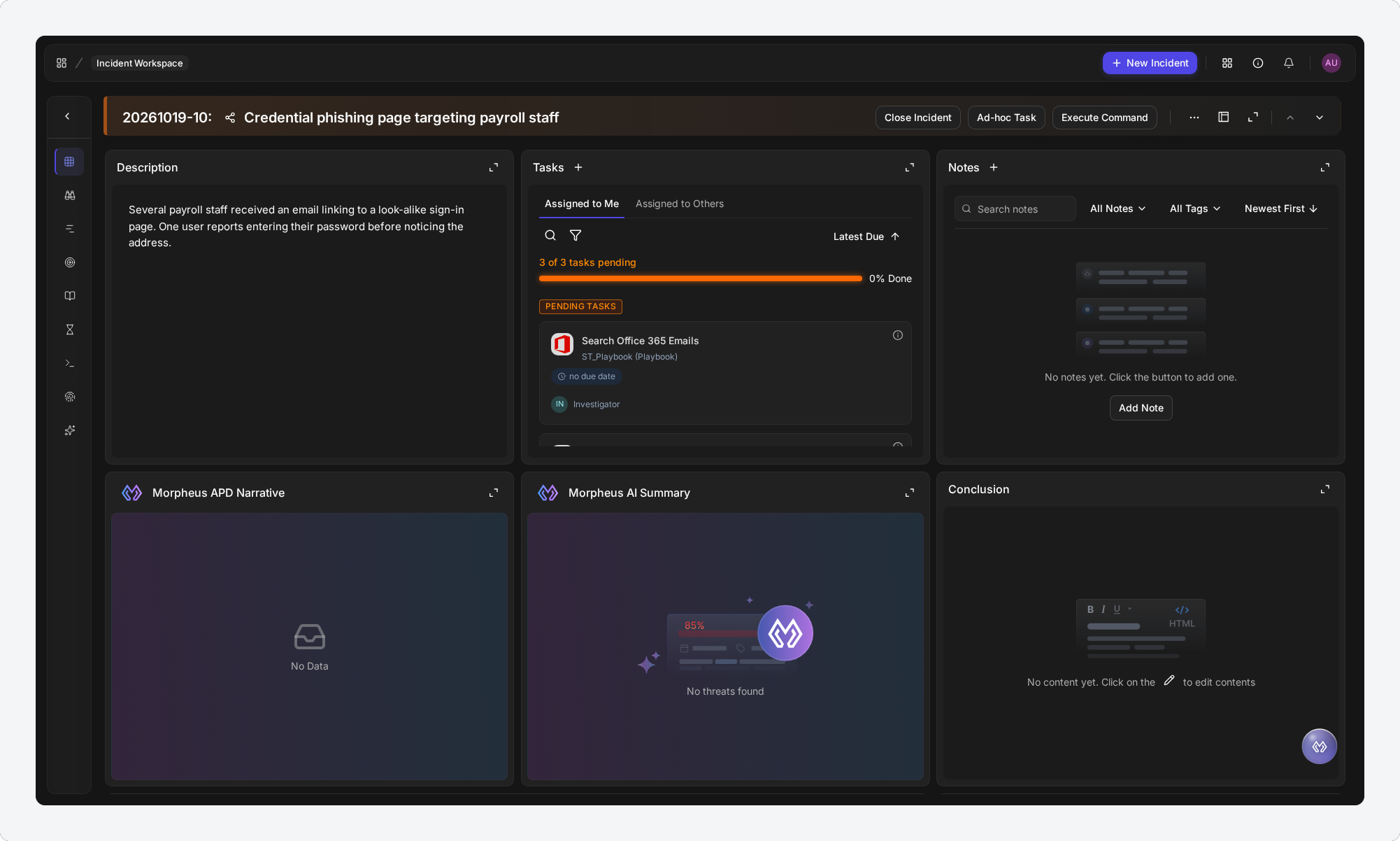 A High severity incident in the same workspace, showing Description, Tasks and Notes in the first row and empty Morpheus APD Narrative, Morpheus AI Summary and Conclusion panels in the second row