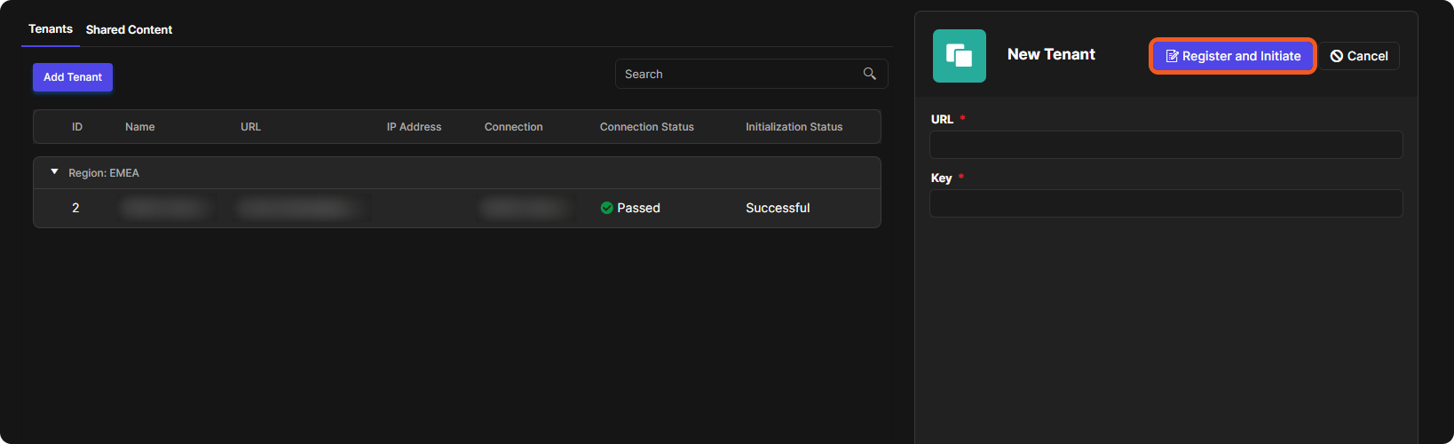 The New Tenant panel with the required URL and Key fields and the Register and Initiate and Cancel buttons
