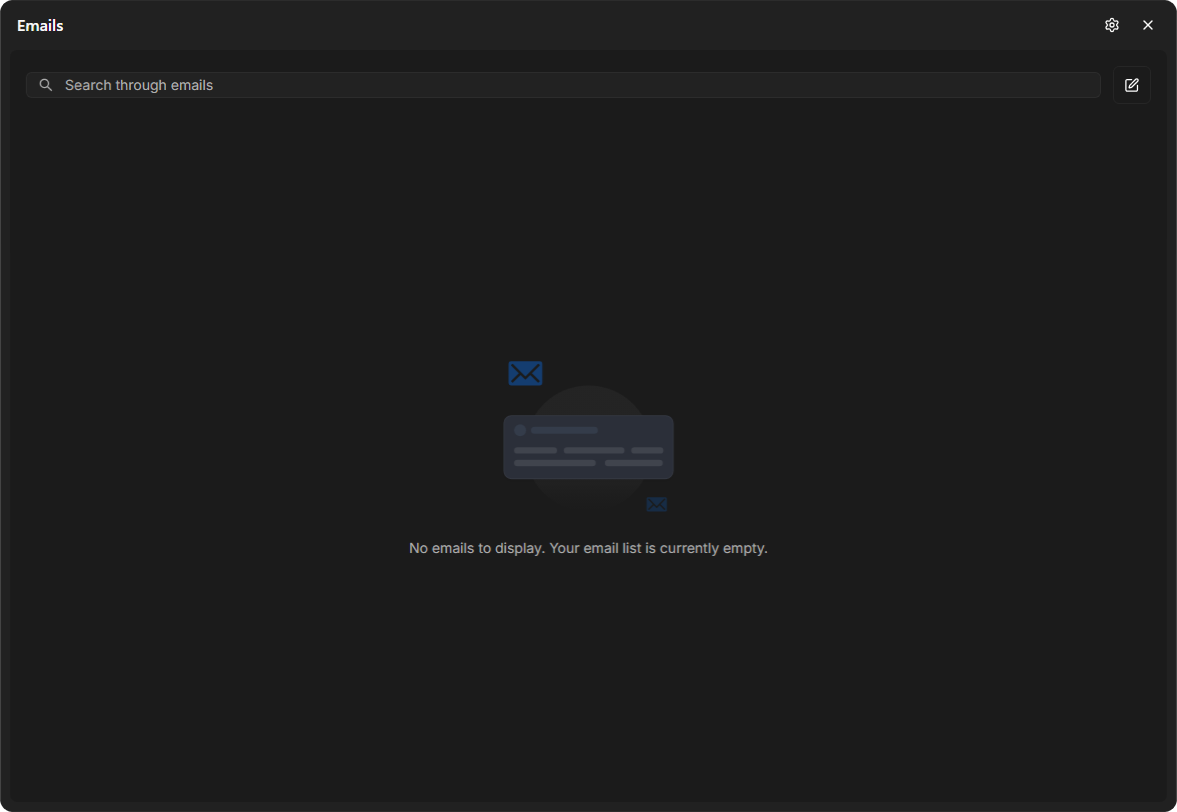 The Emails widget with Search through emails and the message No emails to display. Your email list is currently empty.
