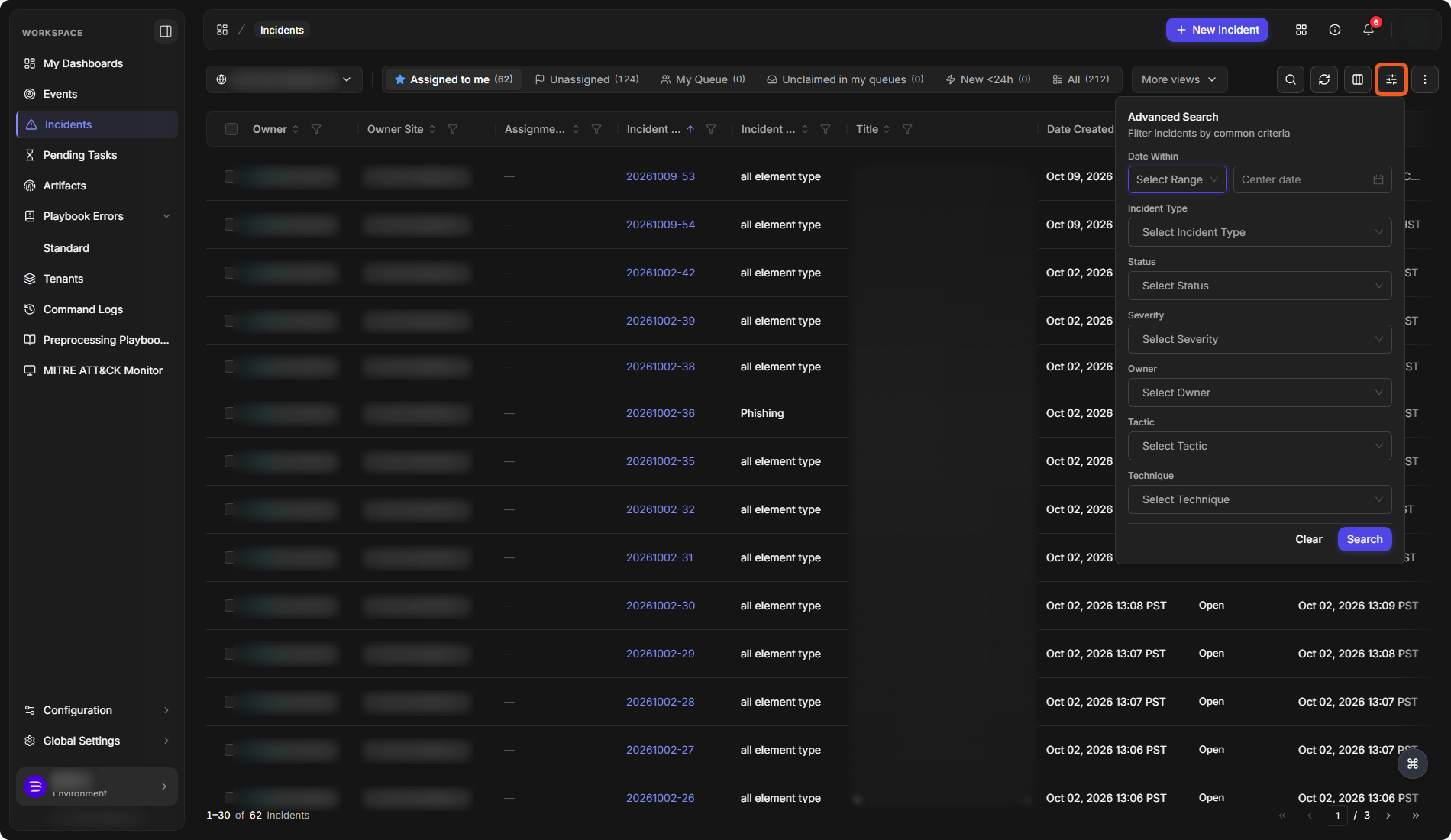 The Advanced Search panel with Date Within, Incident Type, Status, Severity, Owner, Tactic and Technique