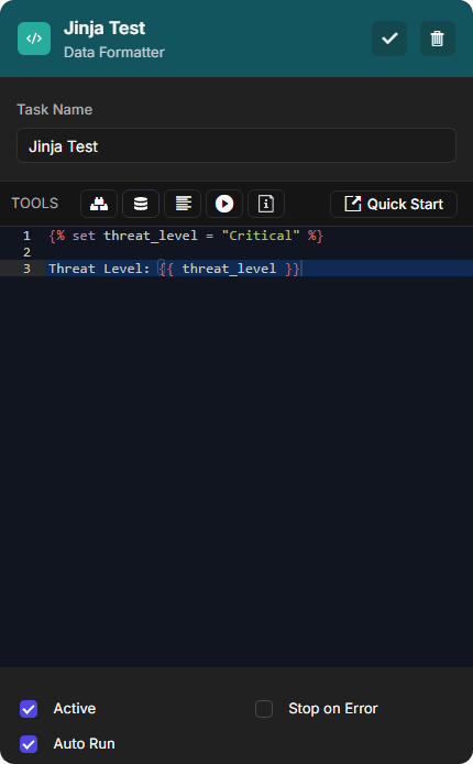 A Data Formatter task named Jinja Test with a set statement and an expression