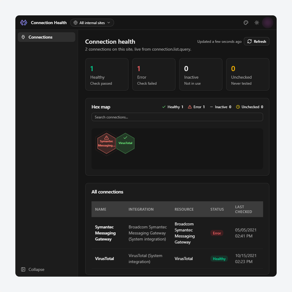 A sample app rendering the site's real integration connections
