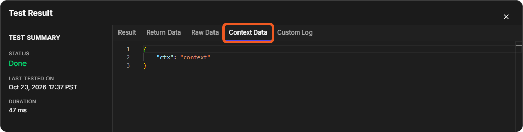 The Context Data tab showing the JSON object the script passed as contextData