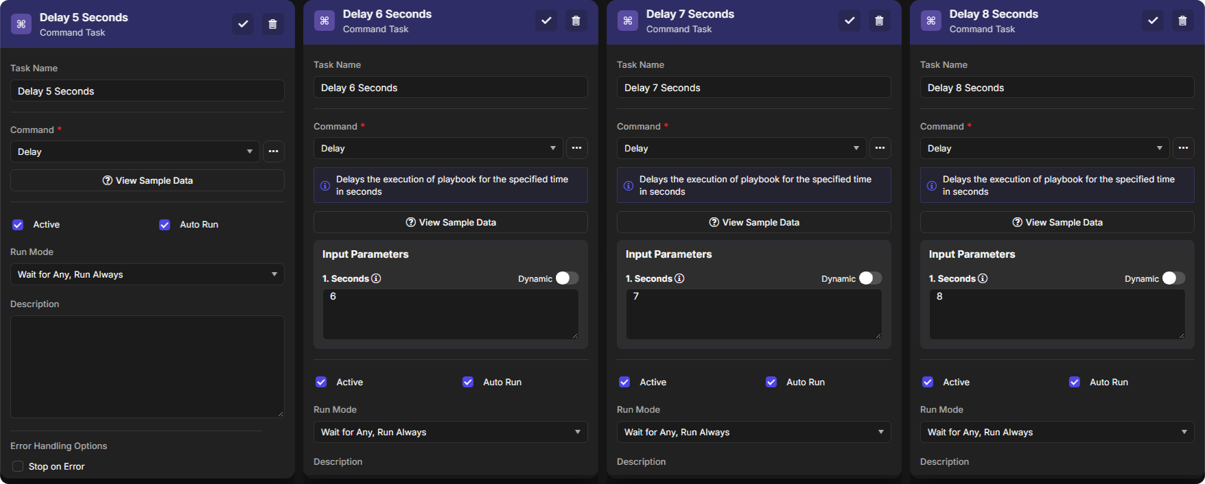 The four Delay command tasks (5, 6, 7 and 8 seconds)
