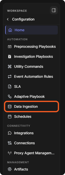 The Configuration sidebar with Data Ingestion under AUTOMATION