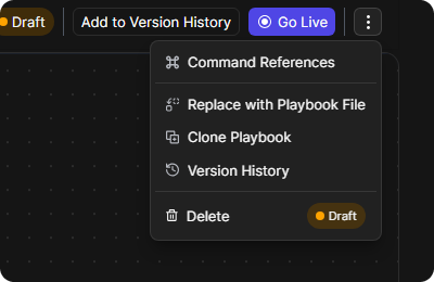The More menu with Command References, Replace with Playbook File, Clone Playbook, Version History and Delete