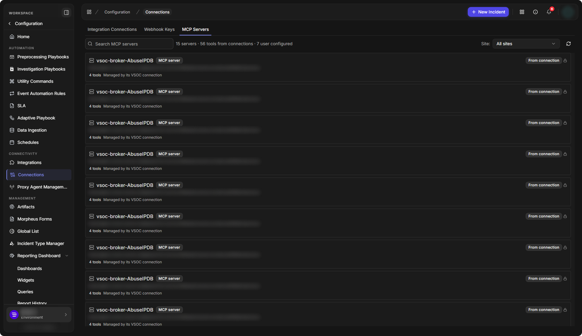 The MCP Servers tab listing MCP servers created from connections, each with its address, number of tools and a From connection label