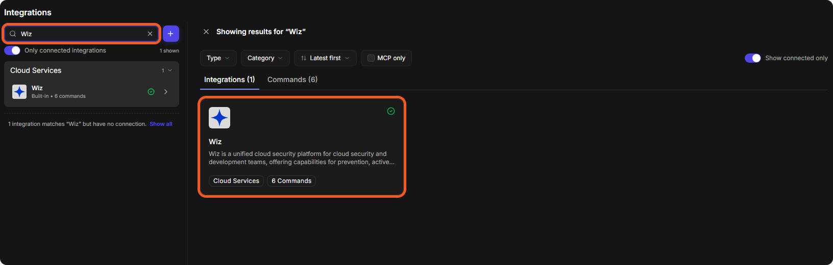 The Integrations page with Wiz entered in the search box and the Wiz integration card in the results