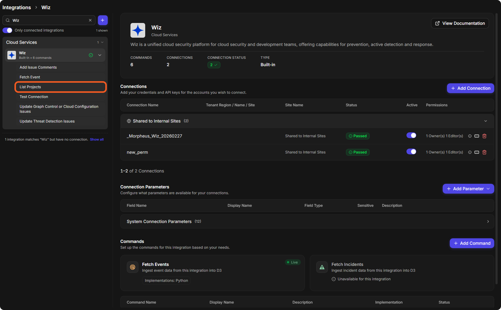 The Wiz integration page with its connections, their Passed status and Active switch, and its commands