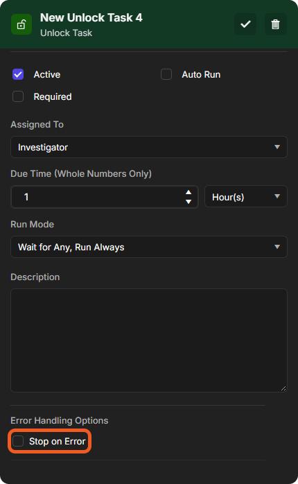 The settings of a new unlock task with the Stop on Error checkbox