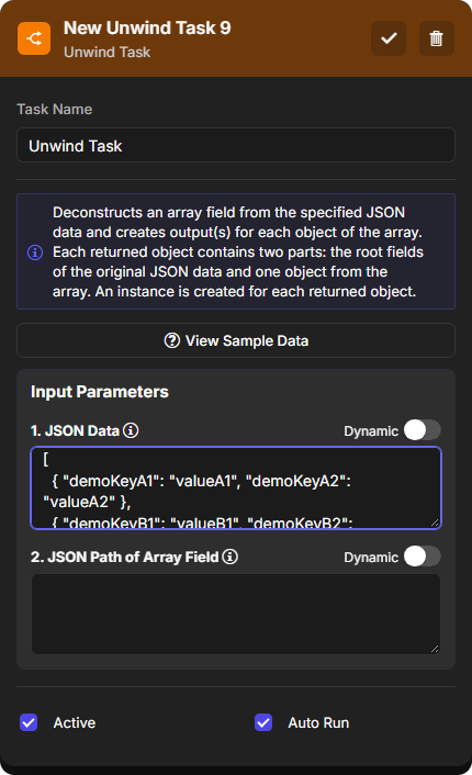 Unwind Task with the JSON Data parameter