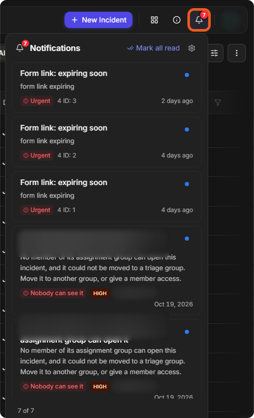 The notification bell open over the Incidents list, with Mark all read, form link entries and two queue alerts labelled Nobody can see it
