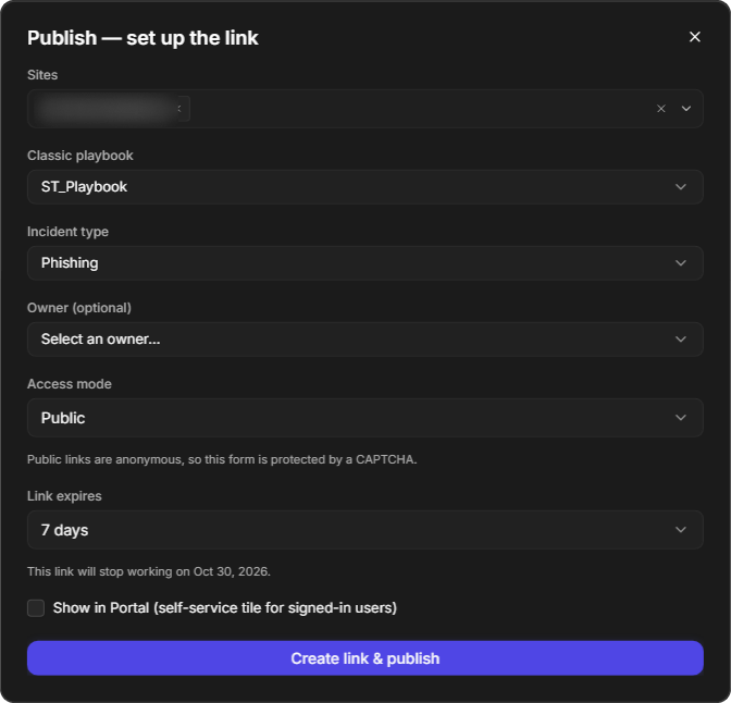 The Publish window with one site, a classic playbook and the Phishing incident type selected, Access mode Public with its CAPTCHA note, and a 7-day expiry