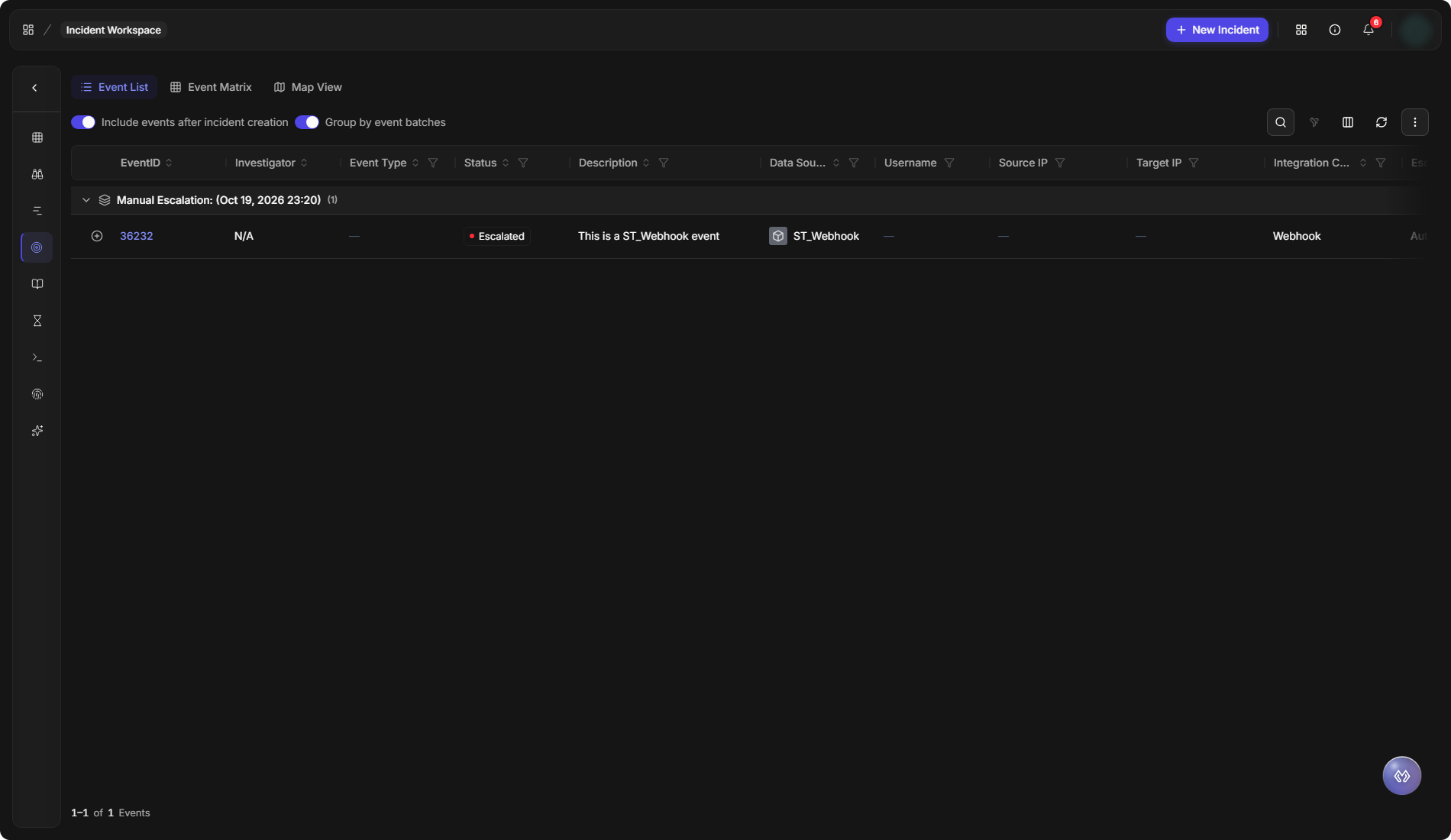 An incident's Events view listing its escalated event under a Manual Escalation batch