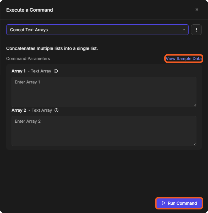 The Execute a Command window with Concat Text Arrays selected, its description, Command Parameters, View Sample Data and Run Command