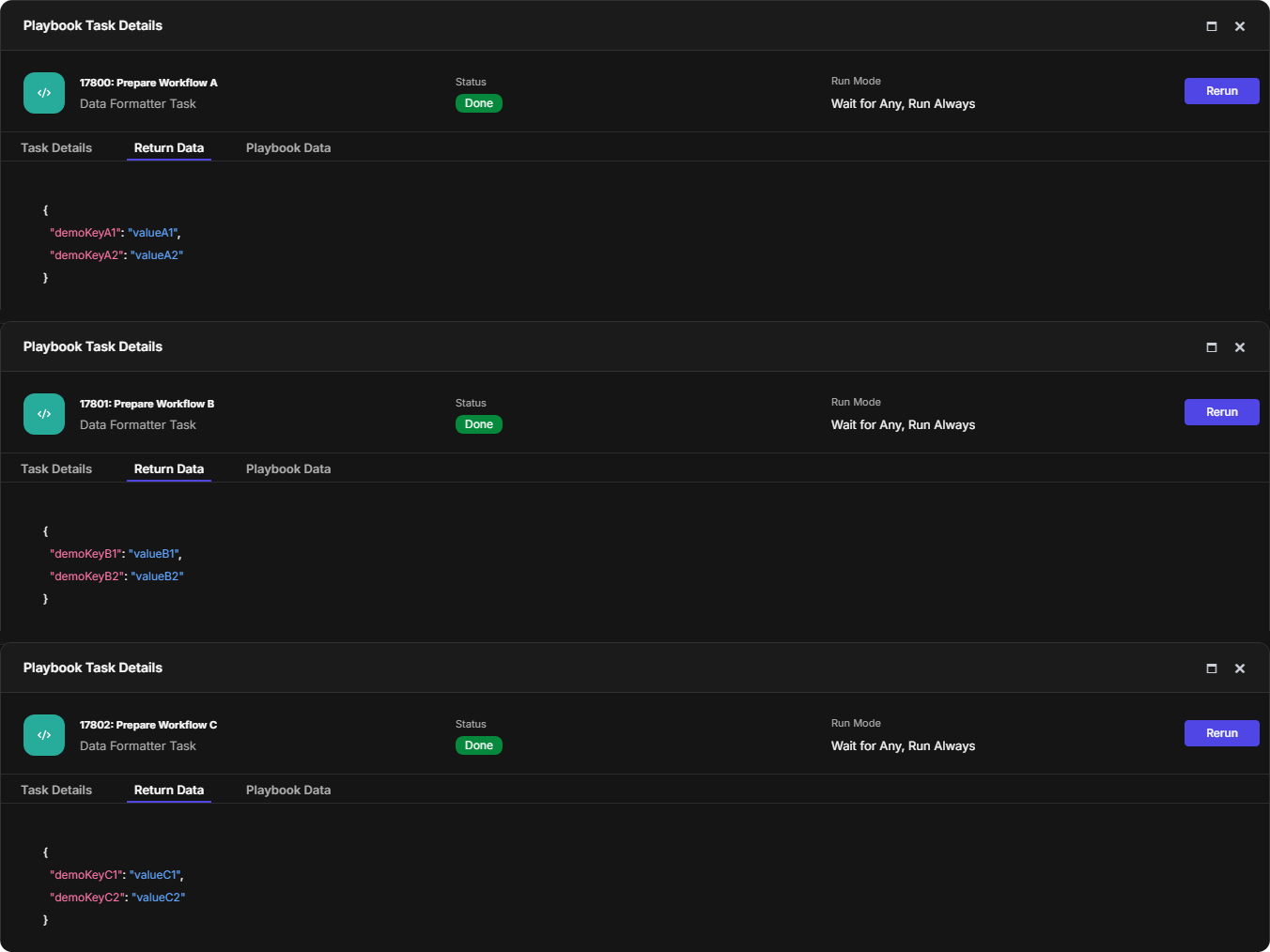 Return Data of Prepare Workflow A, B and C