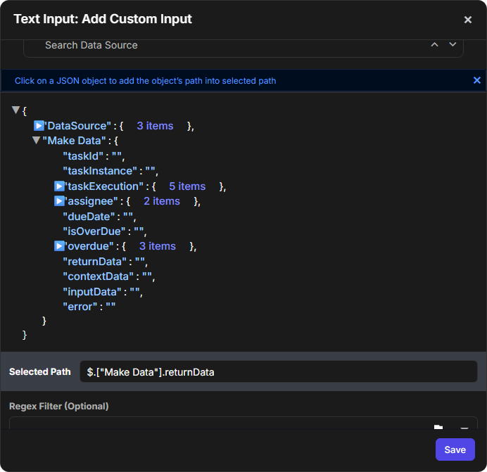 The format builder with Make Data expanded and the Selected Path set to the returnData of Make Data