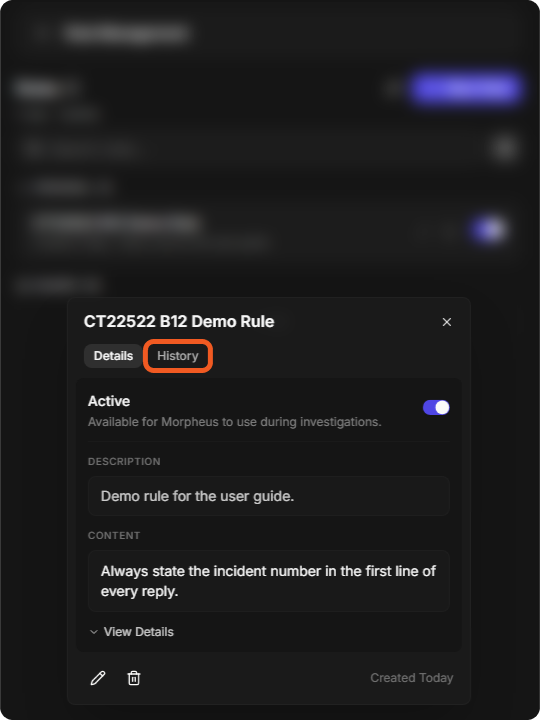 A rule's Details tab (Active, Description, Content) and the History tab