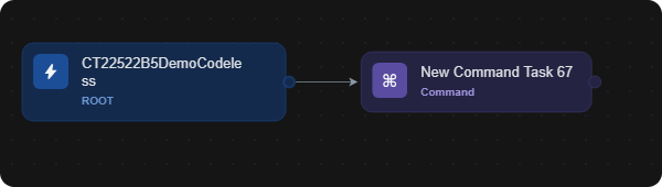 A codeless command's root node connected by an arrow to a new command task